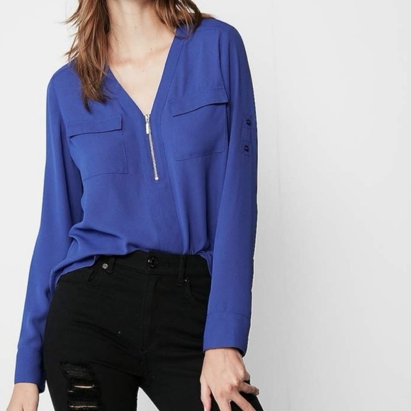 Express Tops - Express Two Pocket Long Sleeve Zip Blouse Colbalt Blue Size Medium